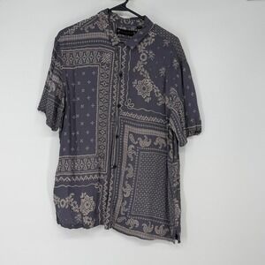 AllSaints Mens XL Bandana Print Short Sleeve Camp Button Down Shirt Gray Viscose